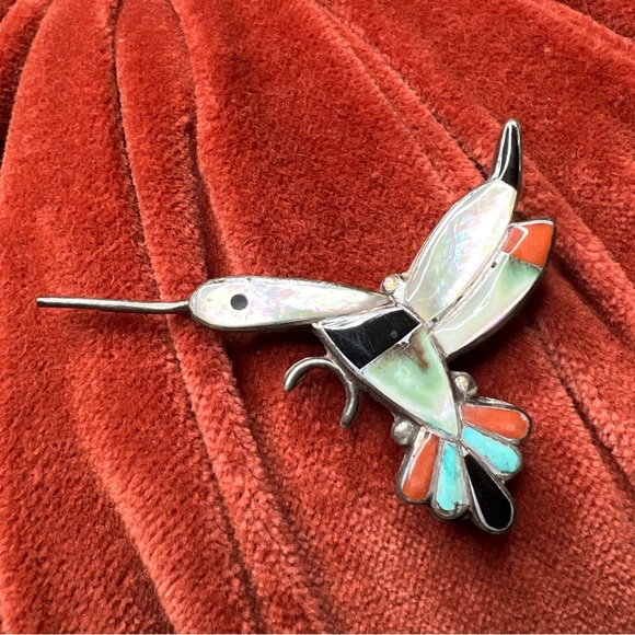 Vintage Zuni Hummingbird Brooch Pendant Pen Inlay Multi Stone Native American